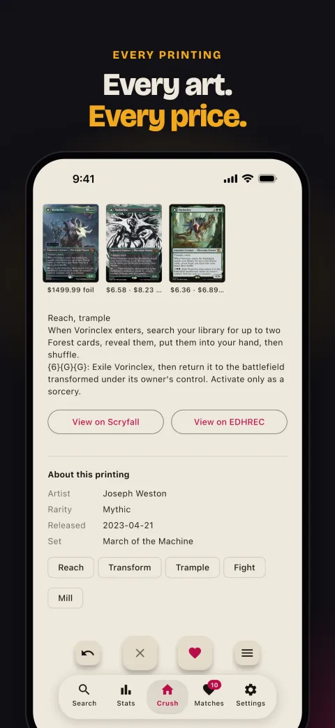 Card detail: every printing of a commander with prices
